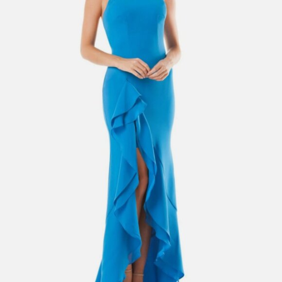CARMEN MARC VALVO Infusion Peacock Blue Cascading Ruffle Hi-Slit Maxi Gown 6 US - Picture 10 of 10